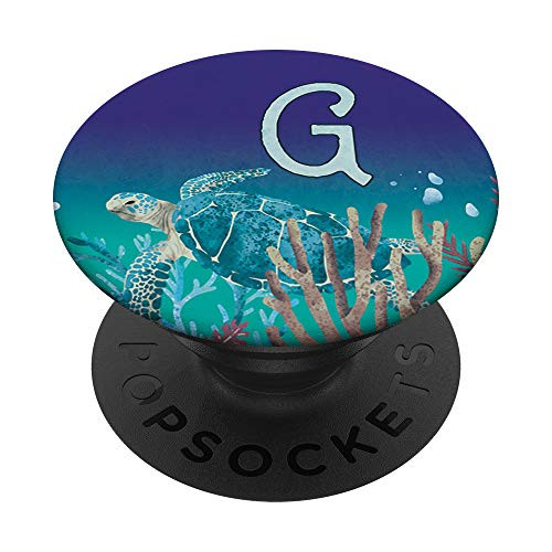Teal Blue Green Gradient Turtle Monogram Initial Letter G PopSockets Grip and Stand for Phones and Tablets