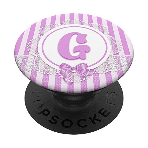 Cute G Letter Monogram Initial Purple Stripes Lace Victorian PopSockets Grip and Stand for Phones and Tablets