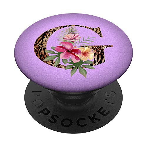 Monogram Initial Letter G lilac floral leopard print PopSockets Grip and Stand for Phones and Tablets