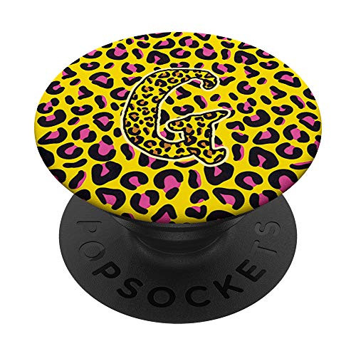 Leopard Print Yellow Pink Monogram Initial Letter G PopSockets Grip and Stand for Phones and Tablets