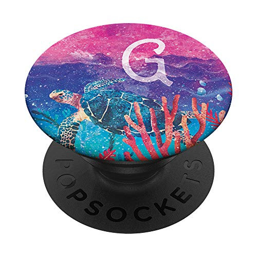 Teal Blue Pink Gradient Turtle Monogram Initial Letter G PopSockets Grip and Stand for Phones and Tablets