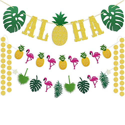 Hawaiian Aloha Party Decorations - Large Gold Glittery Aloha Banner and Flamingle Pineapple Garland For Luau Party Supplies - Tropical Theme Summer Be Hawaiian Aloha Party Decorations - Large Gold Glittery Aloha Banner and Flamingle Pineapple Garland For Luau Party Supplies - Tropical Theme Summer Be