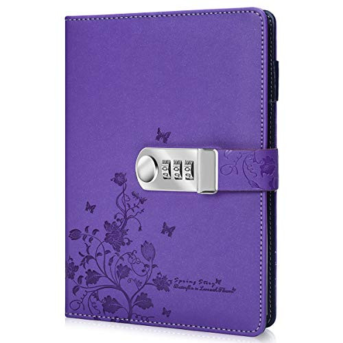 ARRLSDB PU Leather Journal with Lock  A5 Size Diary with Combination Lock Password Notebook Locking Personal Diary -Purple-