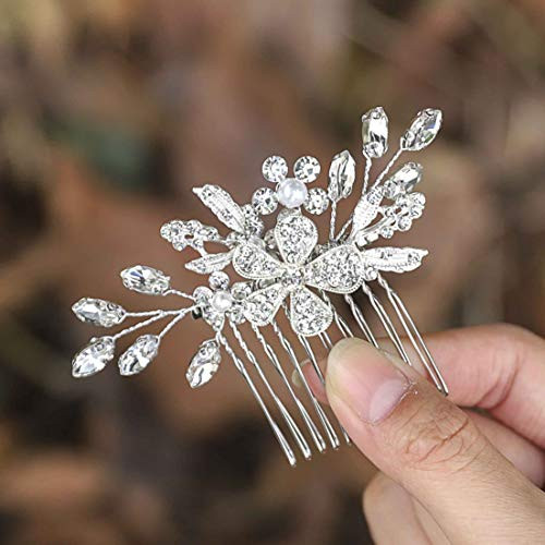 Unicra Bride Wedding Flower Hair Comb Rhinestone Bridal Side Comb Leaves Hair Accessories for Women and Girls -Silver-