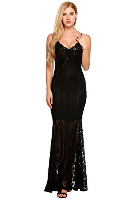 ANGVNS Womens Sexy V Neck Bodycon Floral Lace Sequins Gown Evening Dress Formal Wedding Mermaid Dress