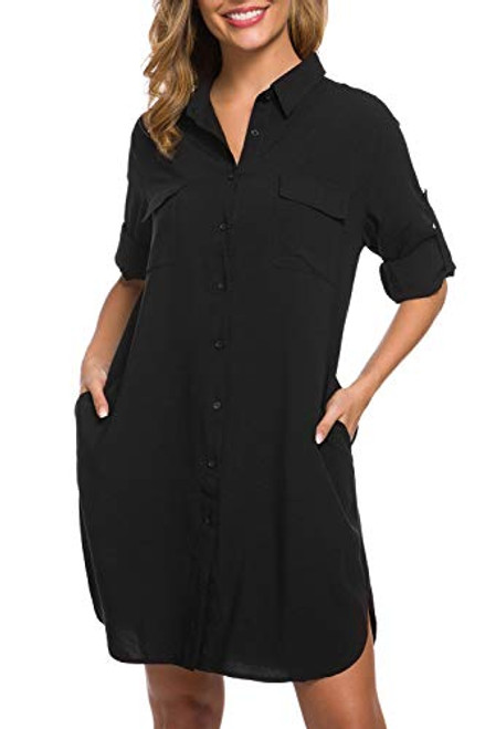 MANAIXUAN Womens Shirt Dress V Neck Long Sleeve Loose Casual with Pockets Front Button Black