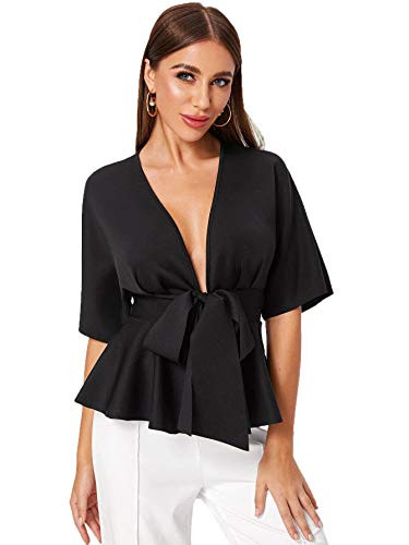 SheIn Womens Plunge V Neck Short Sleeve Ruffle Hem Tie Front Peplum Top Blouses Black Medium