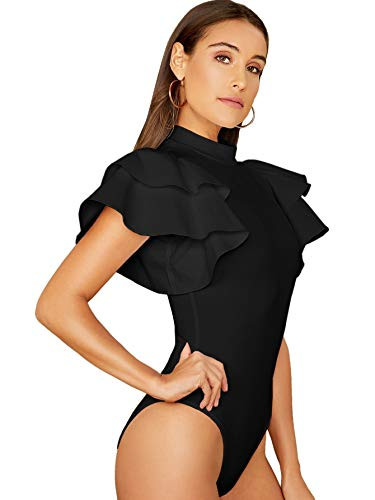 SOLY HUX Womens Mock Neck Ruffle Butterfly Sleeve Skinny Bodysuit Black S