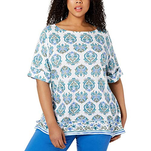 Karen Scott Womens Plus Printed Boat Neck Pullover Top Green 0X