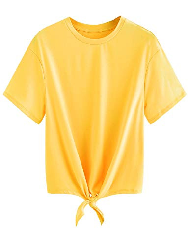 Romwe Womens Short Sleeve Tie Front Knot Casual Loose Fit Tee T-Shirt Yellow S