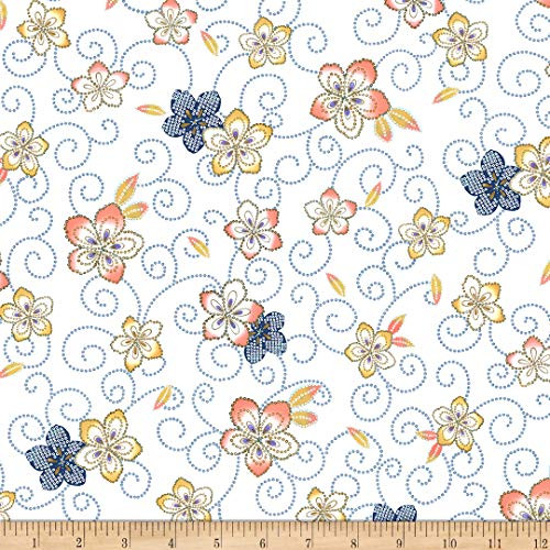 QT Fabrics Digital Akemi Tossed Floral White Fabric by the Yard