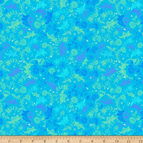 QT Quilt Fabrics Digital Dragonfly Dance Leaf Sketch Turquoise