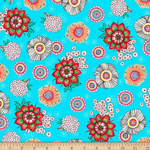QT Quilt Fabrics Digital Mika Tossed Floral Turquoise