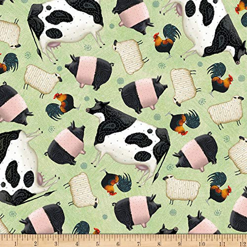 QT Fabrics Digital Down On The Farm Tossed Farm Animals Light Green Fabric by the Yard