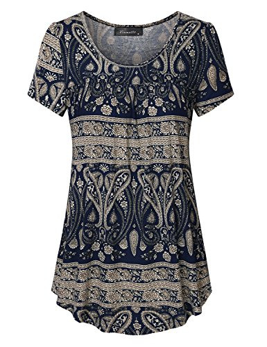 Vinmatto Womens Scoop Neck Pleated Blouse Top Tunic Shirt-M Multi Deep Blue-