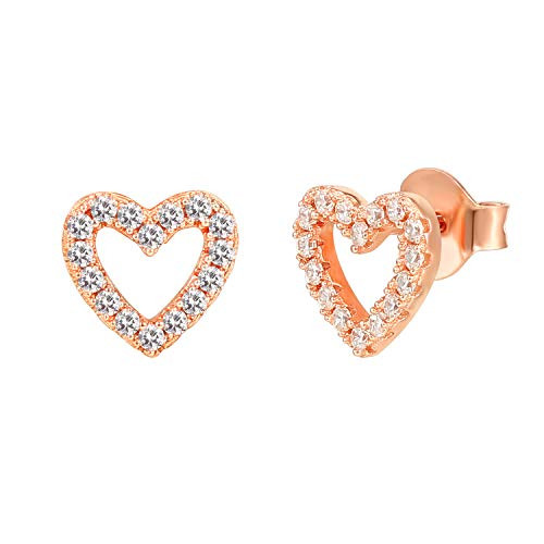 PAVOI 14K Gold Plated 925 Sterling Silver Earrings - Tiny Open Heart Stud Earrings - Rose Gold Stud Earrings for Women