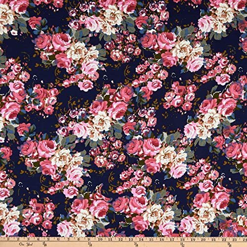 Fabric Merchants Rayon Challis Rose Bouquet Navy-Coral Fabric by the Yard Fabric Merchants Rayon Challis Rose Bouquet Navy-Coral Fabric by the Yard