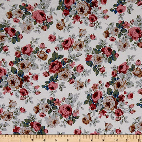 Fabric Merchants Rayon Challis Rose Bouquet Ivory-Coral Fabric Fabric Merchants Rayon Challis Rose Bouquet Ivory-Coral Fabric