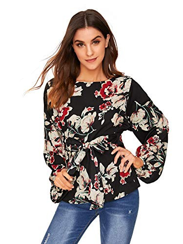 Romwe Womens Floral Print Long Sleeve Self tie Waist Knot Blouse Top Black XL