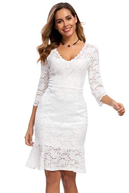 Womens Lace Floral Overlay V Neck Dress Wedding Bridesmaid Cocktail Party Bodycon Dresses White