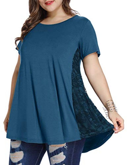LARACE Women Lace Tunic Top Short Sleeve Flare T Shirt for Leggings-2X Steel Blue- LARACE Women Lace Tunic Top Short Sleeve Flare T Shirt for Leggings-2X Steel Blue-