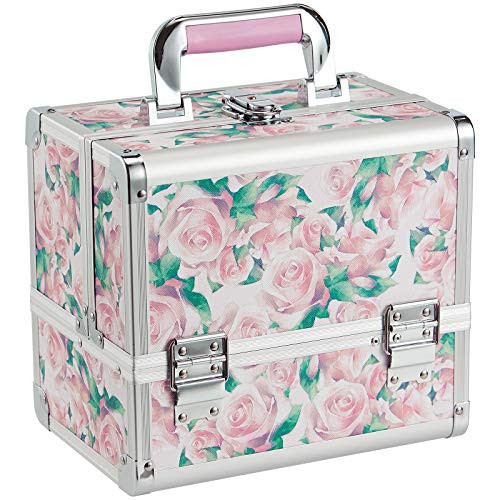 Joligrace Makeup Box Cosmetic Train Case Jewelry Organizer Lockable with Keys and Mirror 2-Tier Tray Portable Carrying Travel Storage Box with Handle