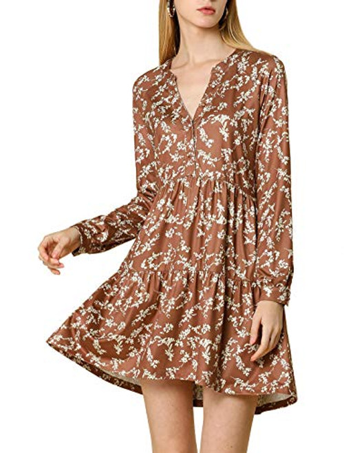 Allegra K Womens Fall Floral Long Sleeves V Neck Casual Babydoll Tiered Dress X-Large Brown