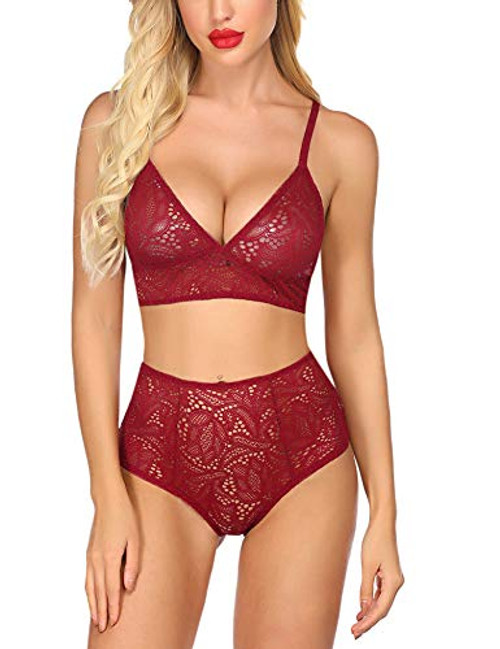 ADOME Sexy Bra and Panty Sets for Women Lace Lingerie Two Piece Babydoll Wine Red L ADOME Sexy Bra and Panty Sets for Women Lace Lingerie Two Piece Babydoll Wine Red L