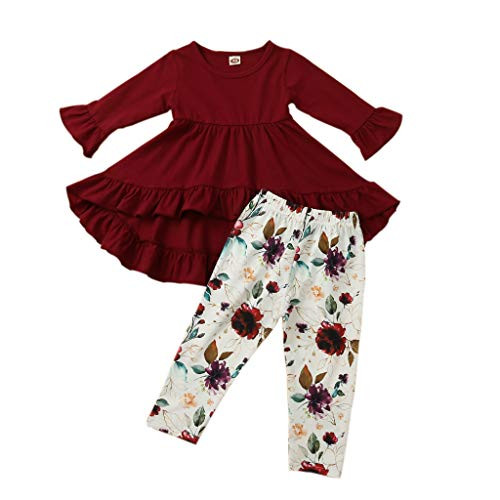 Toddler Kids Little Girls Flared Ruffle Tops and Floral Leggings Pants 2Pcs Outfits Clothes Set 2T-3T
