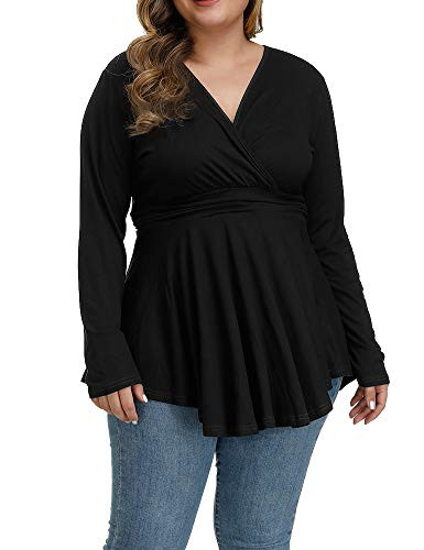 Allegrace Plus Size Tunic Women Long Sleeve Leopard Print Tops Pleated Casual V Neck Tunics Solid Black 2X