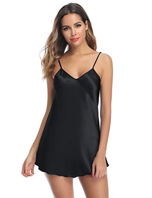 Aibrou Womens Satin Nightgown Sexy Spaghetti Strap Lingerie Chemises Mini Slip Short Nightwear Black Aibrou Womens Satin Nightgown Sexy Spaghetti Strap Lingerie Chemises Mini Slip Short Nightwear Black