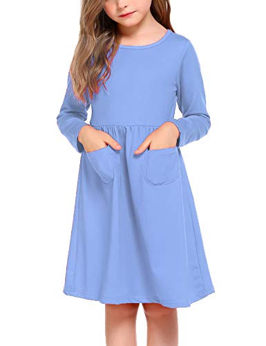 Arshiner Little Girls Long Sleeve Solid Color Casual Skater Dress Blue 130-Age for 8-9Y-