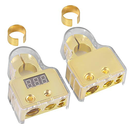 Battery Terminals with Voltmeter  0-4-8-10 AWG Positive Negative Battery Post Clamp and Shims for Car Auto Trailer Caravan Marine Boat Motorhome 1 Pai