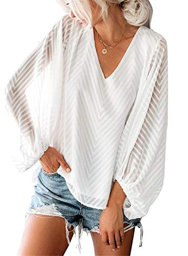 AlvaQ Women Tops Autumn Sexy Mesh Balloon Long Sleeve V-Neck Loose Blouses Tops Tunic Shirts for Womens Plus Size White 1X