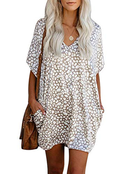 AlvaQ Women Summer Tunic Dress Leopard Print Short Sleeve V Neck Casual Loose Flowy Swing Mini Dresses Fashion 2020 Khaki Medium AlvaQ Women Summer Tunic Dress Leopard Print Short Sleeve V Neck Casual Loose Flowy Swing Mini Dresses Fashion 2020 Khaki Medium