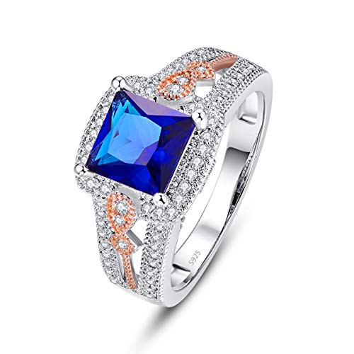 PAKULA 925 Sterling Silver Women Simulated Princess Cut Blue Sapphire Quartz Gemstone Ring CZ Halo Wedding Band Size 9