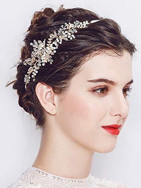 AW BRIDAL Wedding Headband Crystal Pearl Bridal Headpieces Rhinestone Hair Vine Forehead Band Wedding Headpieces Tiara Hair Accessories for Women -Gol