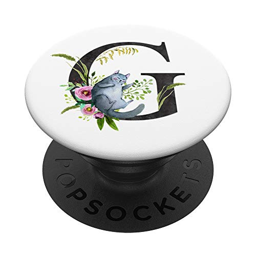 Cat Initial G Letter Rose Flowers Watercolor Monogram - G PopSockets Grip and Stand for Phones and Tablets