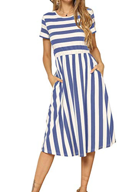 levaca Womens Short Sleeve Striped Swing Midi Dress with Pockets LightBlue M