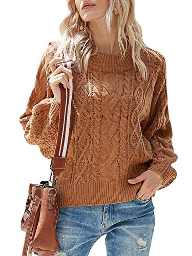 Chunky Crewneck Sweaters Long Sleeve Oversized Cable Knit Sweater Brown