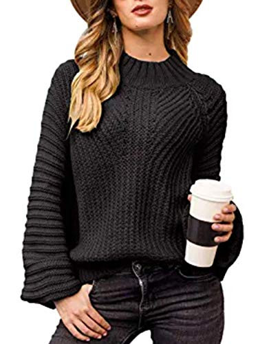 BerryGo Chunky Crewneck Sweaters Long Sleeve Oversized Cable Knit Sweater Black