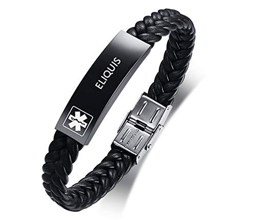 XUANPAI ELIQUIS Medical Alert ID Stainless Steel Black Braided Leather Bracelet Wristband for Men 8-4 Inches