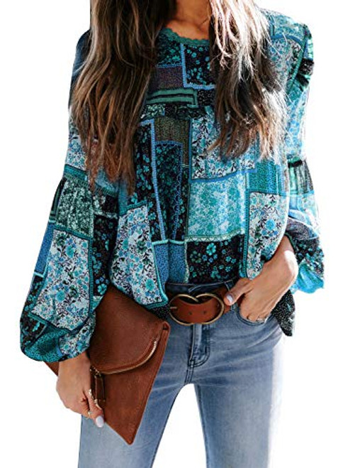 BLENCOT Womens Fashion Chiffon Boho Printed Puff Sleeve Shirts Casual Loose Blouses Fall Tops Blue S