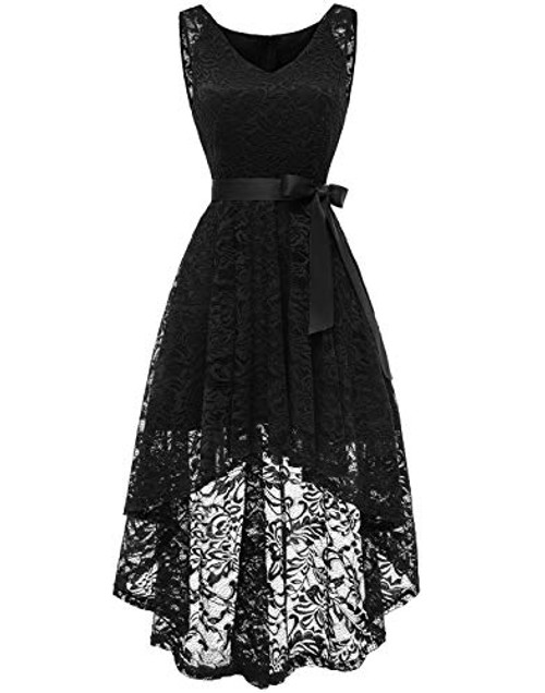 BeryLove Womens Floral Lace Hi-Lo Bridesmaid Dress V Neck Cocktail Formal Swing Dress BLP7018BlackS