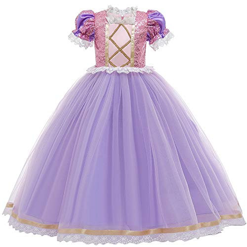 Girls Sofia Dress Up Princess Dress Kids Rapunzel Puff Sleeve Lace Sequins Birthday Party Costume Purple