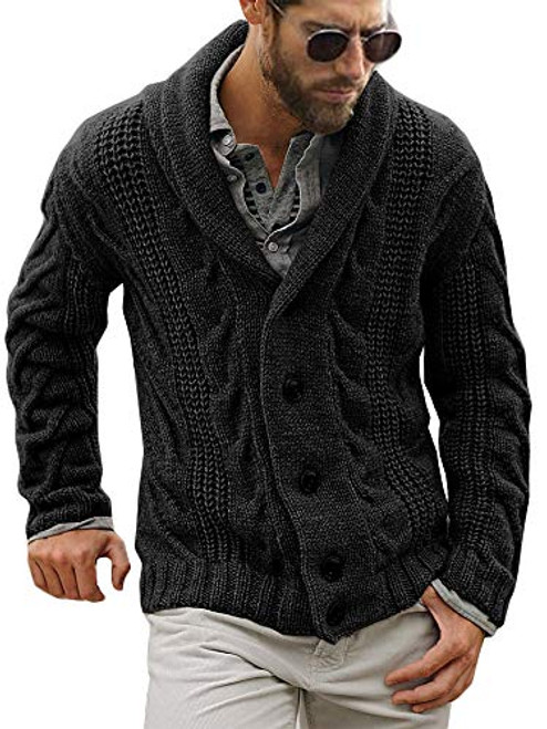 Mens Cable Knit Cardigan Sweater Shawl Collar Loose Fit Long Sleeve Casual Cardigans Black