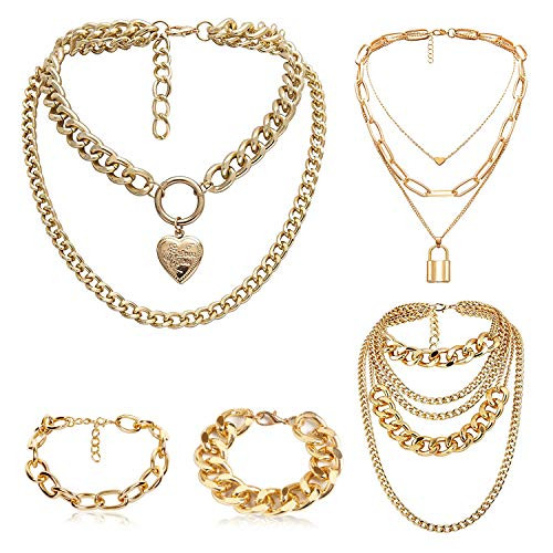 5 Pack Gold Layered Metal Chain Chunky Choker Necklace Heart Locket Pendant Necklace Light Weight Punk Chain Multilayer Chain Bracelet for Cool Women 5 Pack Gold Layered Metal Chain Chunky Choker Necklace Heart Locket Pendant Necklace Light Weight Punk Chain Multilayer Chain Bracelet for Cool Women