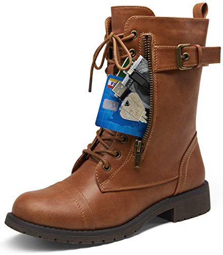 VEPOSE Womens 28 Mid Calf Boots Brown Military Combat Boot with Card Knife Wallet Pocket-9 Military-928-Brown-
