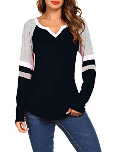 Sweetnight Color Block Tee Tops Casual Long Sleeve Tunic Shirts for Women Black Medium