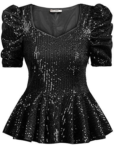 Womens Puff Sleeve V Neck Sparkle Shimmer Sequin Blouse Tops Size L Black
